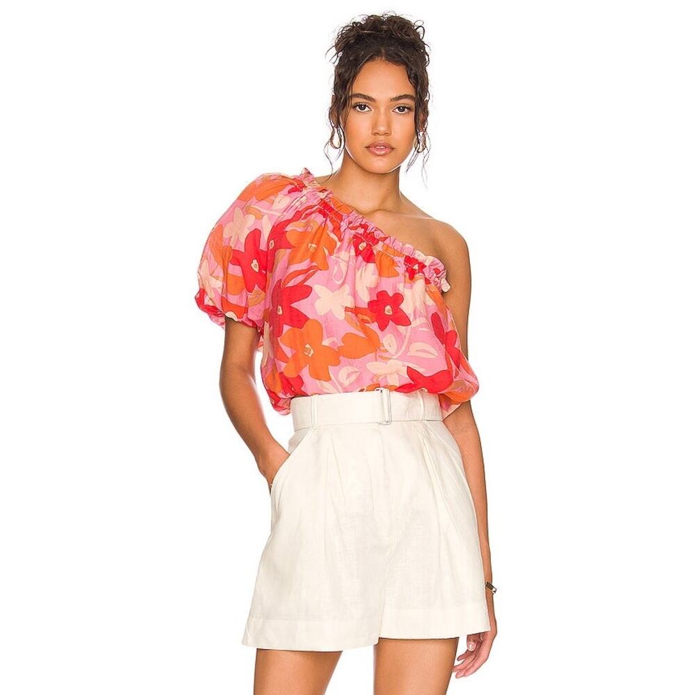 ASTR The Label Atlanta One Shoulder Floral Puff Sleeve Top S NWOT Resort Brunch